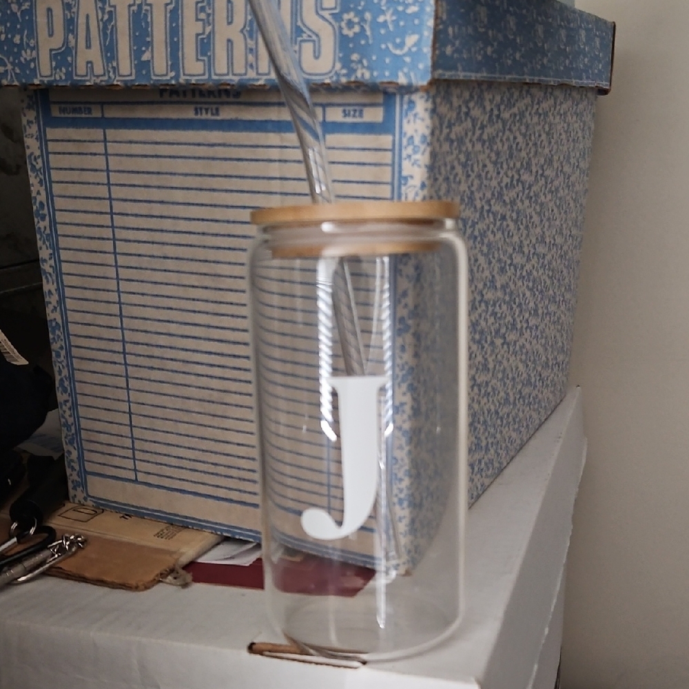 Clear Glass Jar with Bamboo Lid and Letter J